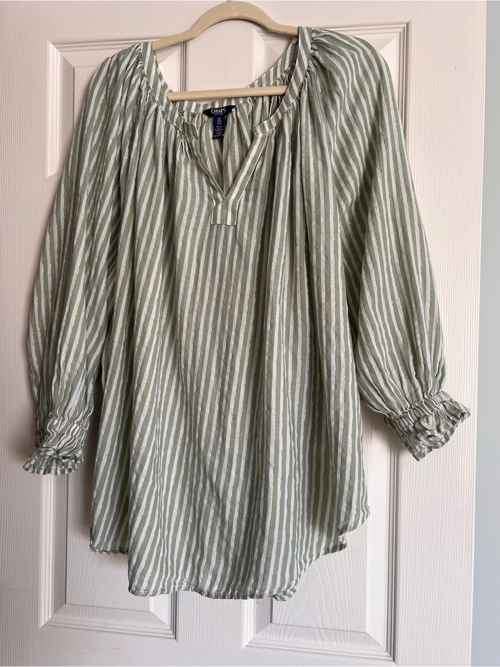 Chaps Sage and White Striped Peasant Top